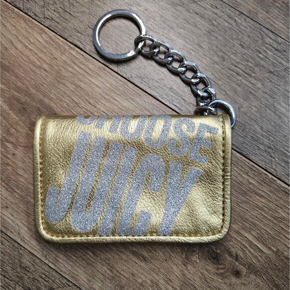Juicy Couture Gold Keychain Wallet Credit Card Slots Silver Metallic Graphic